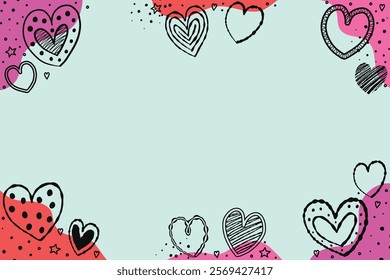 Background collection with cartoon hearts. Design with hand drawn elements for Valentine’s Day, Mother’s Day and Women’s Day. Vector illustration