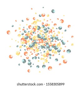 Background with color balls, blur effect. 3d round spheres. Geometric design elements circle ball pattern. Flying shapes in empty space. Design for poster, banner, placard. vector illustration