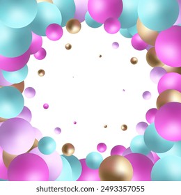 Background with color balls, blur effect. 3d round spheres. Geometric design elements circle ball pattern. Flying shapes in empty space. Design for poster, banner, placard. vector illustration