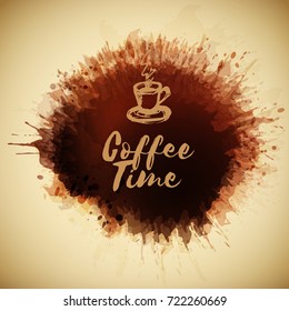 Background color brown spots. Coffee stains. Hand-drawn cup of coffee. Vintage background. Vector Illustration