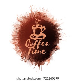 Background color brown spots. Coffee stains. Hand-drawn cup of coffee. Vector Illustration