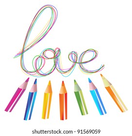 Background with color drawing pencils and love over white, vector, EPS10