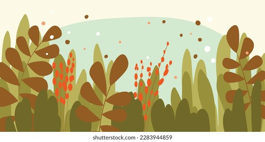 Background with color exotic leaves, flowers. Nature concept design. Modern floral compositions with summer branches in trendy flat simple style. Vector illustration for poster, banner, greeting card.