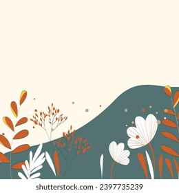 Background with color exotic leaves, flowers. Nature concept design. Modern floral compositions with summer branches in trendy flat simple style. Vector illustration for poster, banner, greeting card.