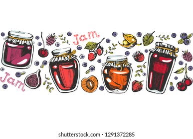 Background with color jam and berries
