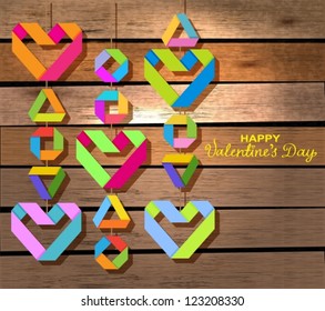 Background with color paper hearts over wood background for Valentine design, vector
