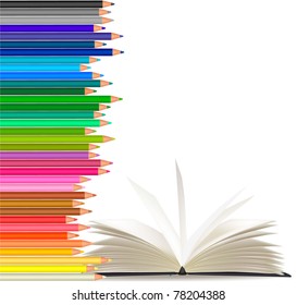 Fondo con lápices de colores y libro. Vector