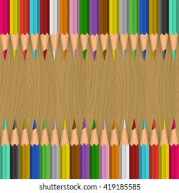 Background with color pencils on wooden table. Vector color illustration