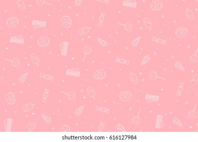 Background color pink striped candy, cake, lollipops, candy, ice cream and donut. Vector illustration