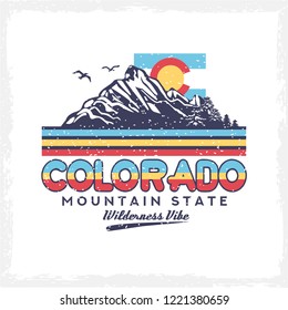 Background of Colorado, design for t-shirt for landscape trekking explore with trees. Expedition into the wild. Other outdoor adventure graphics for t shirt to climbing into the wilderness. vector