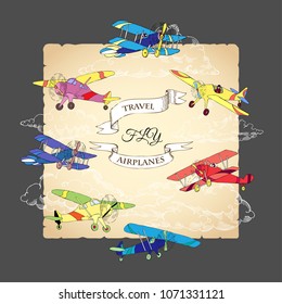 Background with Colored Airplanes and Clouds. Hand drawn sky vector illustration