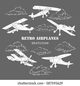Background with Colored Airplanes and Clouds. Hand drawn sky vector illustration 