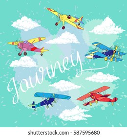 Background with Colored Airplanes and Clouds. Hand drawn sky vector illustration