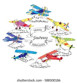 Background with Colored Airplanes and Clouds. Hand drawn sky vector illustration