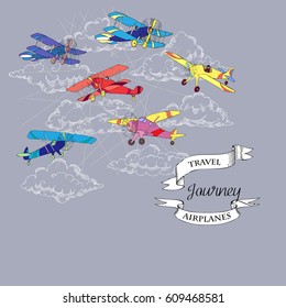 Background with Colored Airplanes and Clouds. Hand drawn sky vector illustration