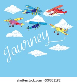 Background with Colored Airplanes and Clouds. Hand drawn sky vector illustration