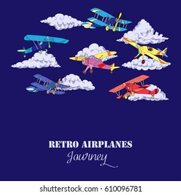 Background with Colored Airplanes and Clouds. Hand drawn sky vector illustration