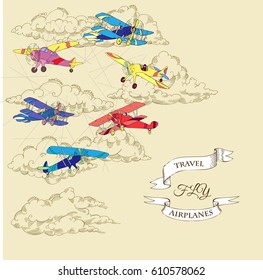 Background with Colored Airplanes and Clouds. Hand drawn sky vector illustration