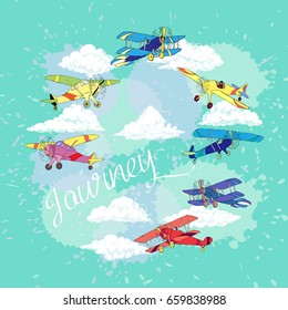 Background with Colored Airplanes and Clouds. Hand drawn sky vector illustration