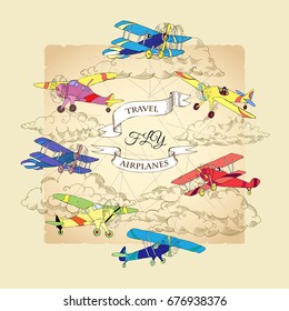 Background with Colored Airplanes and Clouds. Hand drawn sky vector illustration