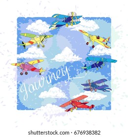 Background with Colored Airplanes and Clouds. Hand drawn sky vector illustration