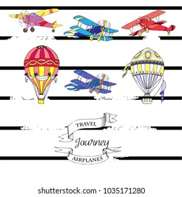 Background with Colored Airplanes and Hot Air Balloons. Hand drawn sky with clouds vector illustration