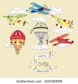Background with Colored Airplanes and Hot Air Balloons. Hand drawn sky with clouds vector illustration