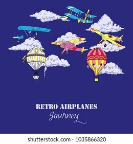 Background with Colored Airplanes and Hot Air Balloons. Hand drawn sky with clouds vector illustration