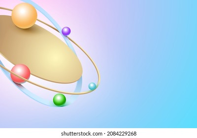 Background Colored balls roll in a gold rinds and circles 3d perspective geometric shape vector