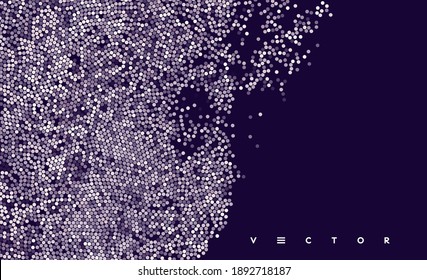 Background of colored dots randomly moving on backdrop. Chaotic concentration and dispersion of small rounds. Dotted template. Stylish banner with spots. Dynamic vector illustartion.