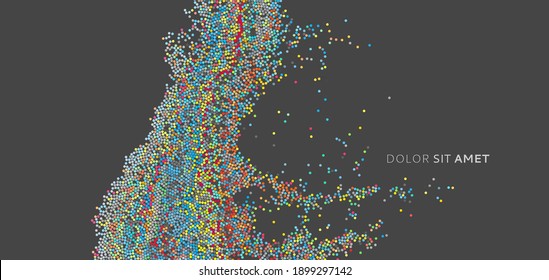 Background of colored dots randomly moving on backdrop. Chaotic concentration and dispersion of small rounds. Dotted template. Stylish banner with spots. Dynamic vector illustartion.