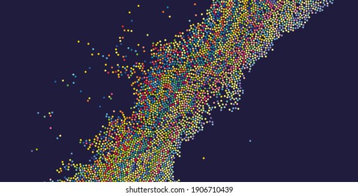 Fondo de puntos de color que se mueven al azar sobre el fondo. Concentración caótica y dispersión de pequeñas rondas. Plantilla con puntos. Banner elegante con manchas. Iluminación vectorial dinámica.