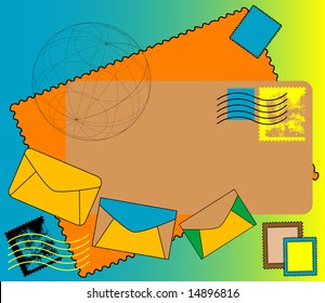 Background with colored envelopes and various stamps