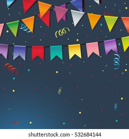 background of colored garlands festive flags and confetti