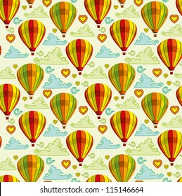 Fondo con globos de aire caliente de colores y nubes