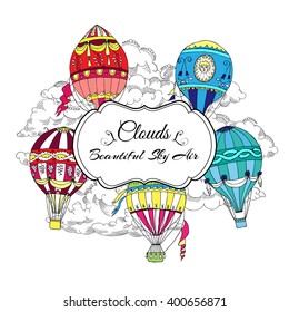  Background with Colored Hot Air Balloons. Hand drawn sketches vector illustration