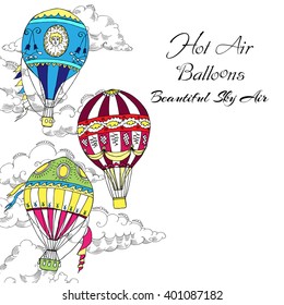  Background with Colored Hot Air Balloons. Hand drawn sketches vector illustration