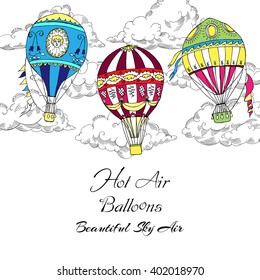  Background with Colored Hot Air Balloons. Hand drawn sketches vector illustration