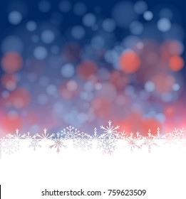 background of colored lights out of focus, snow and snowflakes.