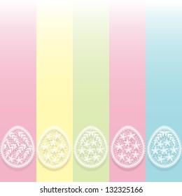 background with colored lines, pastel colors,  Easter Bunny and white lace Easter eggs