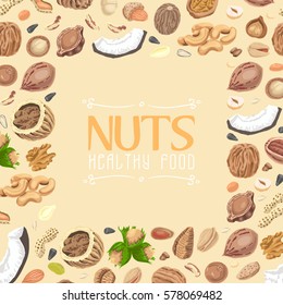 Background with colored nuts and seeds. Vector illustration for your design