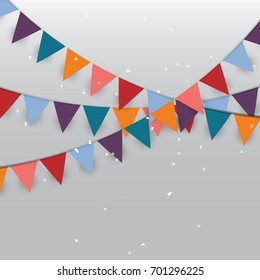 Background of colored party flags and confetti, stock vector