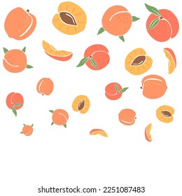 Background with colored peaches. Decorative fruits and leaves.