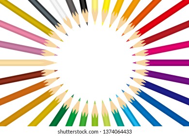 Background of colored pencils regularly arranged in a circle | colored pencil set | plain background | vector data