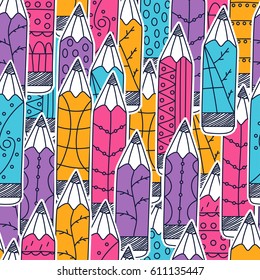 Background with colored pencils stickers. Vector seamless pattern. Hand Drawn