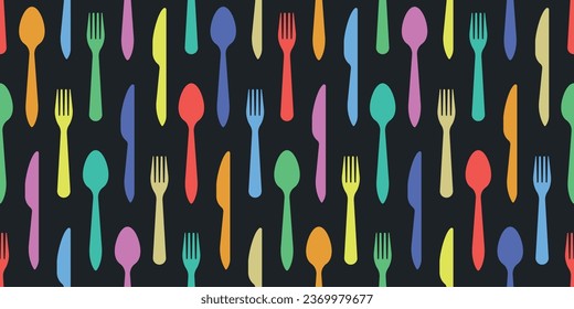 Fondo de cucharas de colores, tenedores, cuchillos. Utensilios de cocina, repetidos y de colores.
