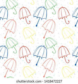 Background with colored umbrellas and rain