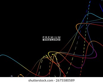 Background of colorful abstract waves flowing horizontally on a black background, suitable for modern designs, elegant posters, technology temples, etc.