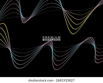Background of colorful abstract waves flowing horizontally on a black background, suitable for modern designs, elegant posters, technology temples, etc.
