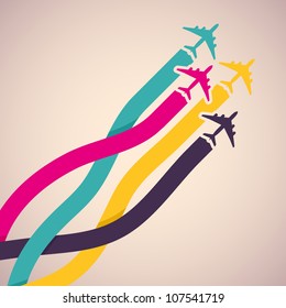 Background with colorful airplanes. Vector illustration.